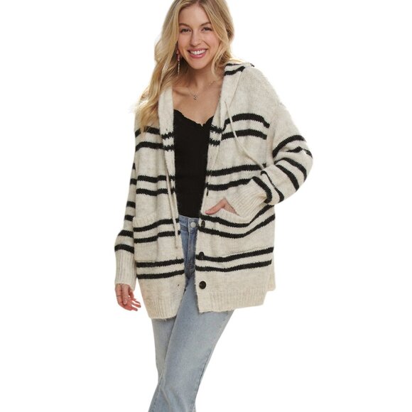 Striped Hooded Cardigan Black and Beige Neutral - Picture 1 of 9